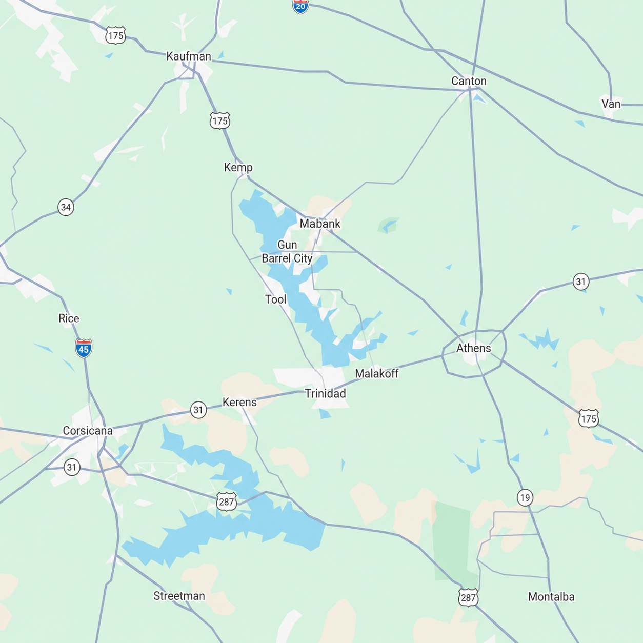 Map of a region in Texas showing towns including Corsicana, Athens, Mabank, Gun Barrel City, Tool, Kerens, Trinidad, Malakoff, and major roads like I-45, 175, 31, and 287, with lakes and green areas marked.