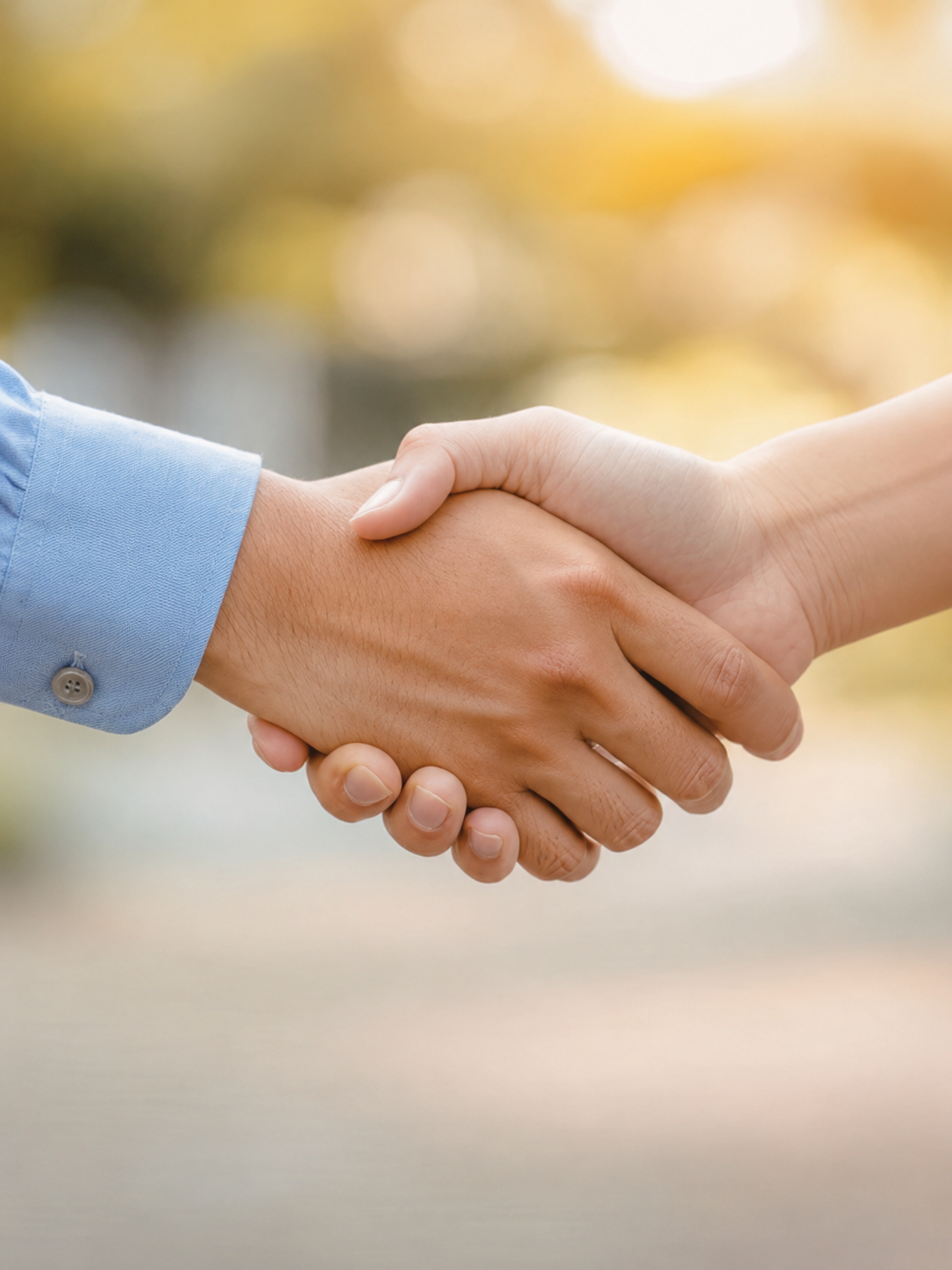 Close-up of two people shaking hands outdoors, one wearing a light blue long-sleeve shirt and the other with a bare arm, with a blurred background of greenery and sunlight.